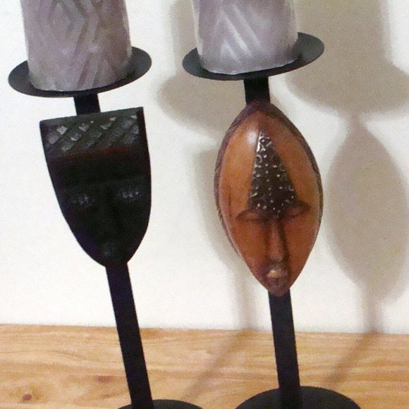 Lot of 2 African theme candle holders 12 in with new coconut scent candles - Picture 2 of 8